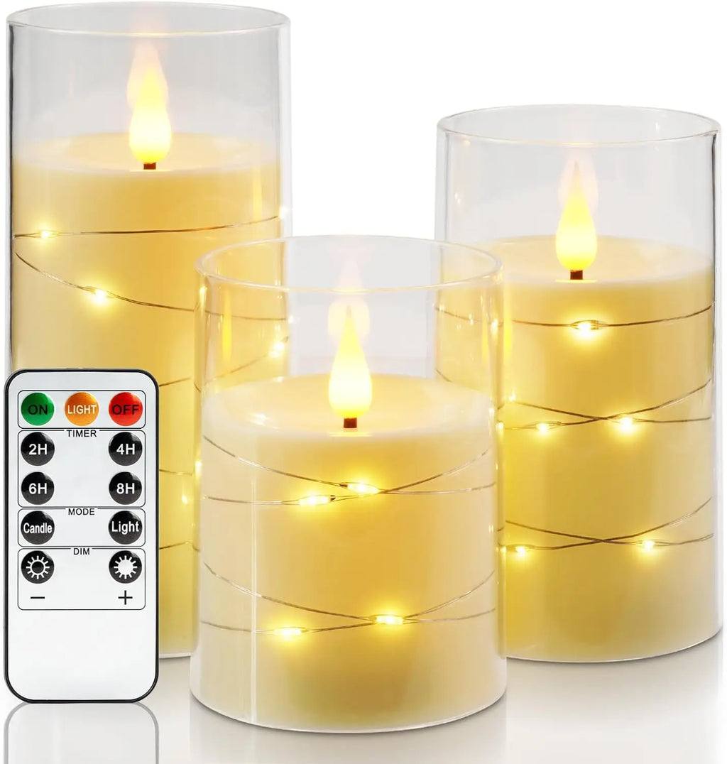 LED Flameless Candles with Fairy Lights, Set of 3, Ivory White