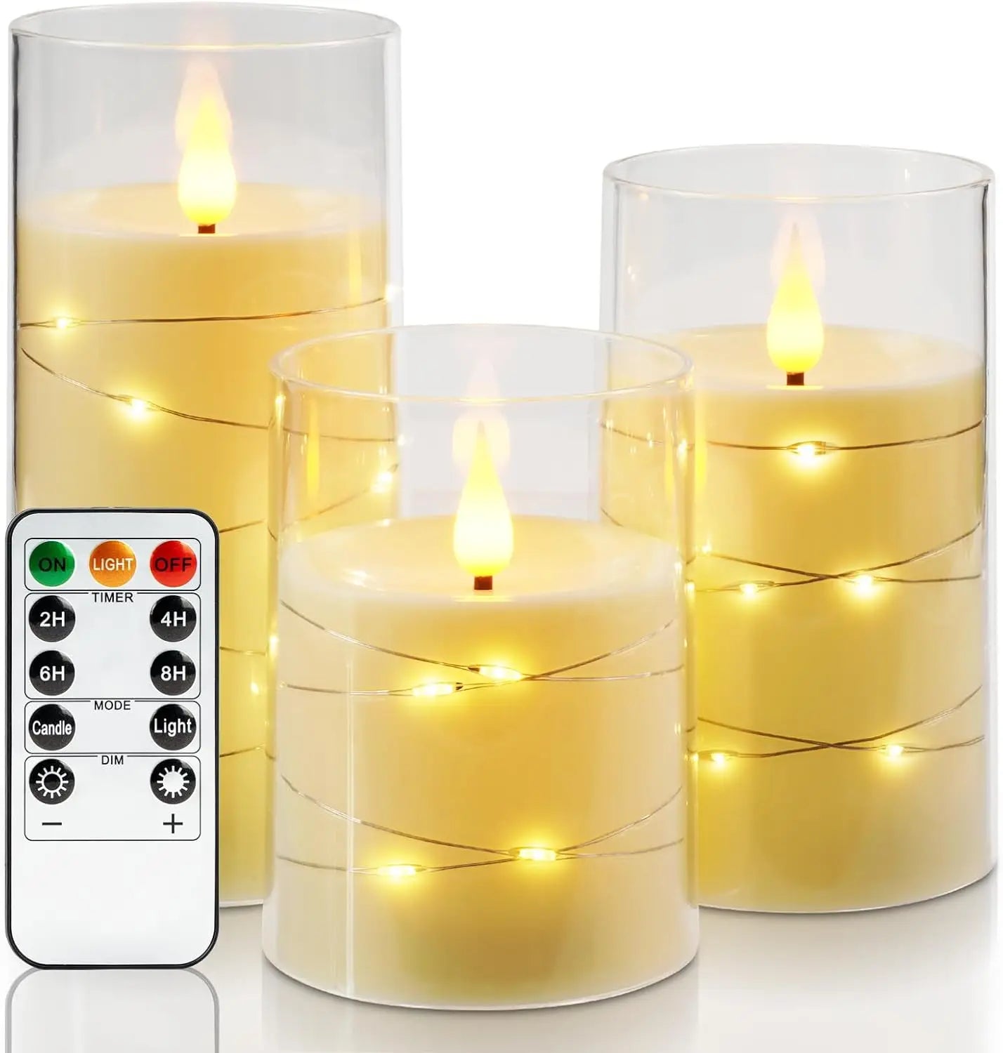 LED Flameless Candles with Fairy Lights, Set of 3, Ivory White