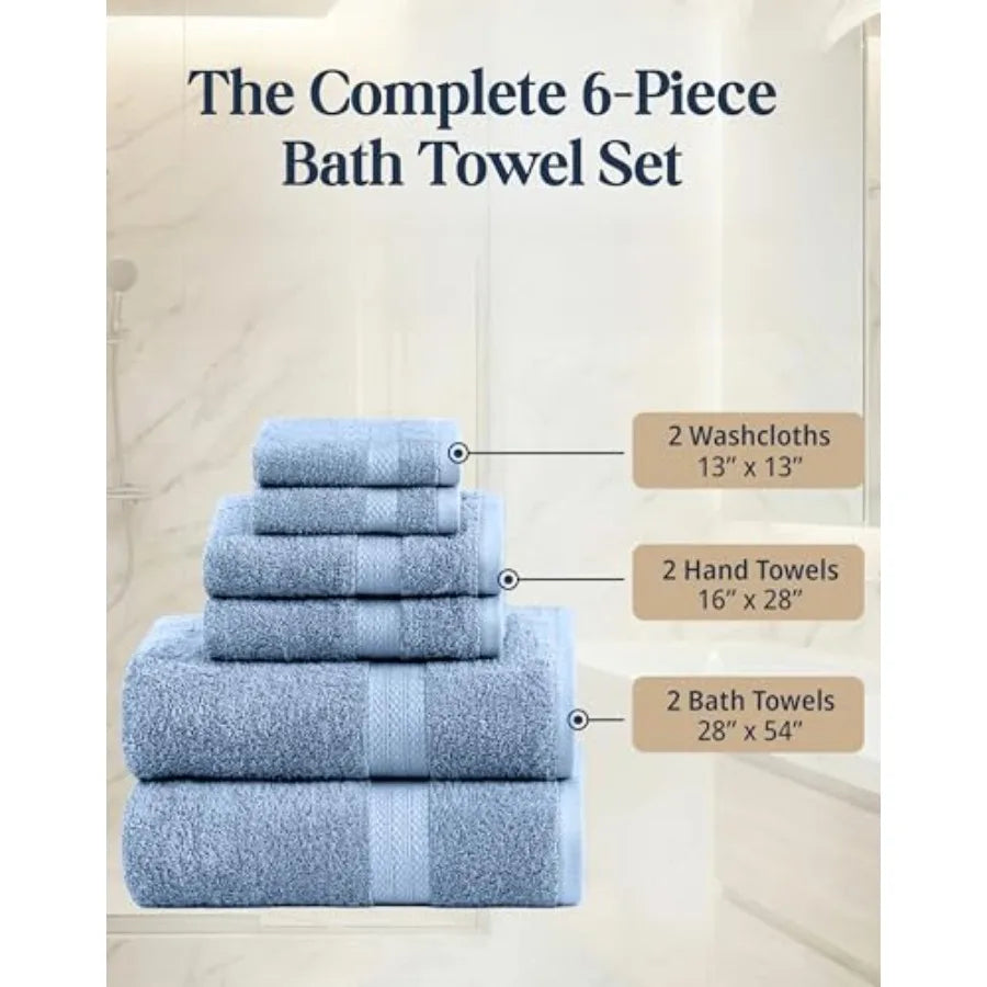 100% Cotton Bath Towels 6 Piece Set - Super Soft, Quick Dry and Absorbent - 2 Bath, 2 Washcloths, 2 Hand Towels for Bathroom -