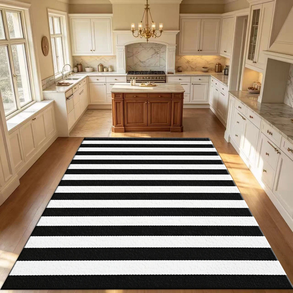 Classic Black White Vertical Stripe Area Rug Non Slip Washable