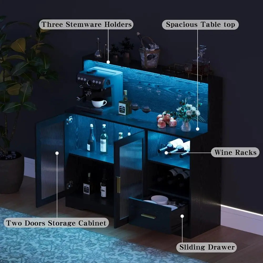 Modern Black LED-lit Home Bar Cabinet with Storage