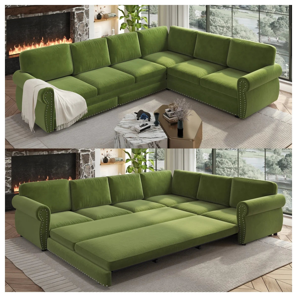 Comfy Cloud Sofa 118" L-Shaped Sleeper Sectional Sofa with Pull-Out Bed 4 color options