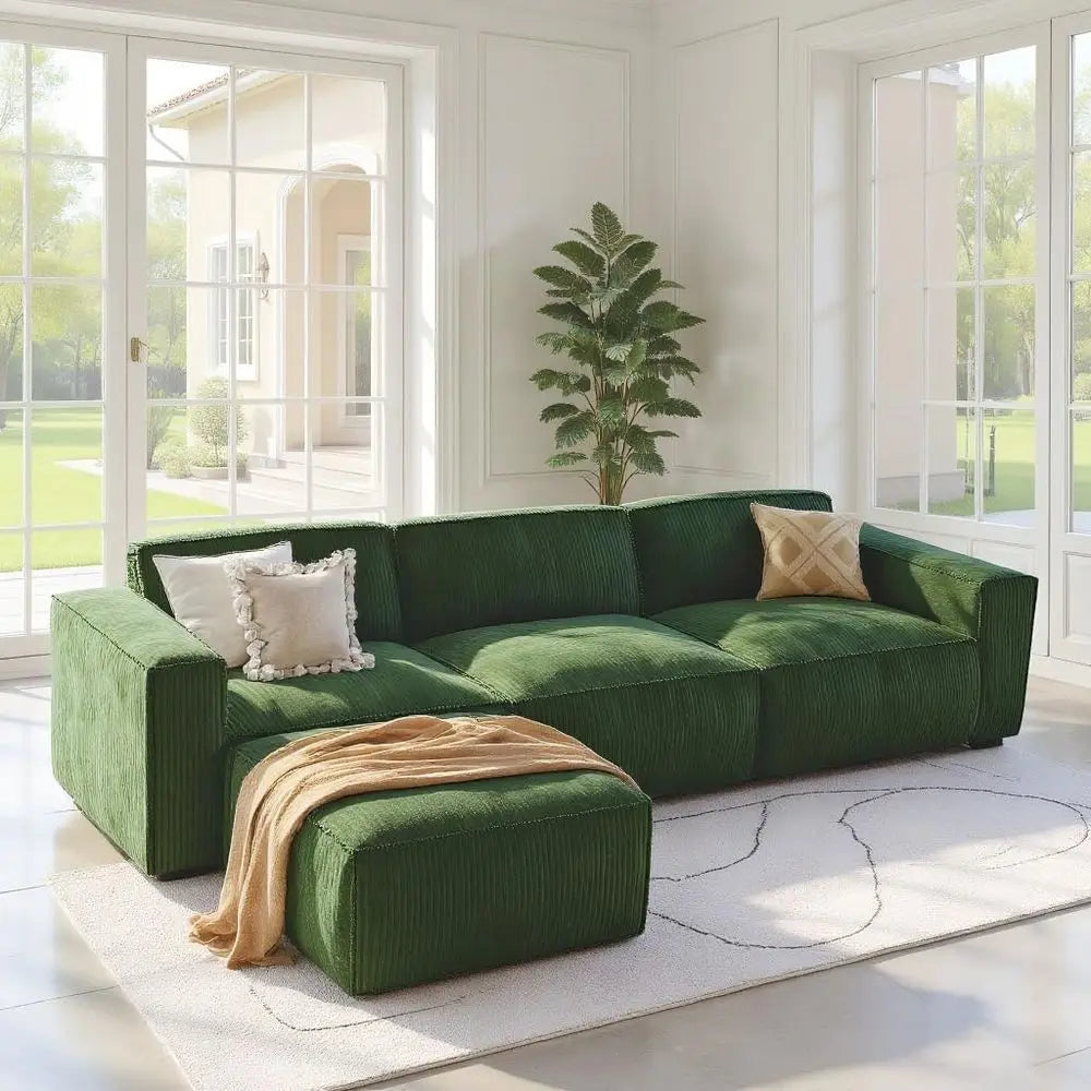 L-Shape Sectional Couch with Chaise & Ottoman, Green Corduroy