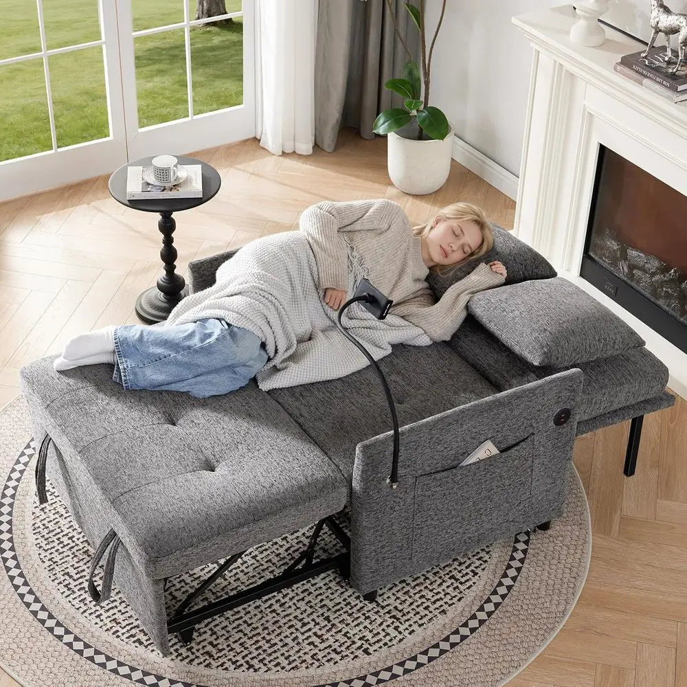 Hot-sellingConvertible Sofa Bed with USB Ports, 3-in-1 Sleeper, Grey