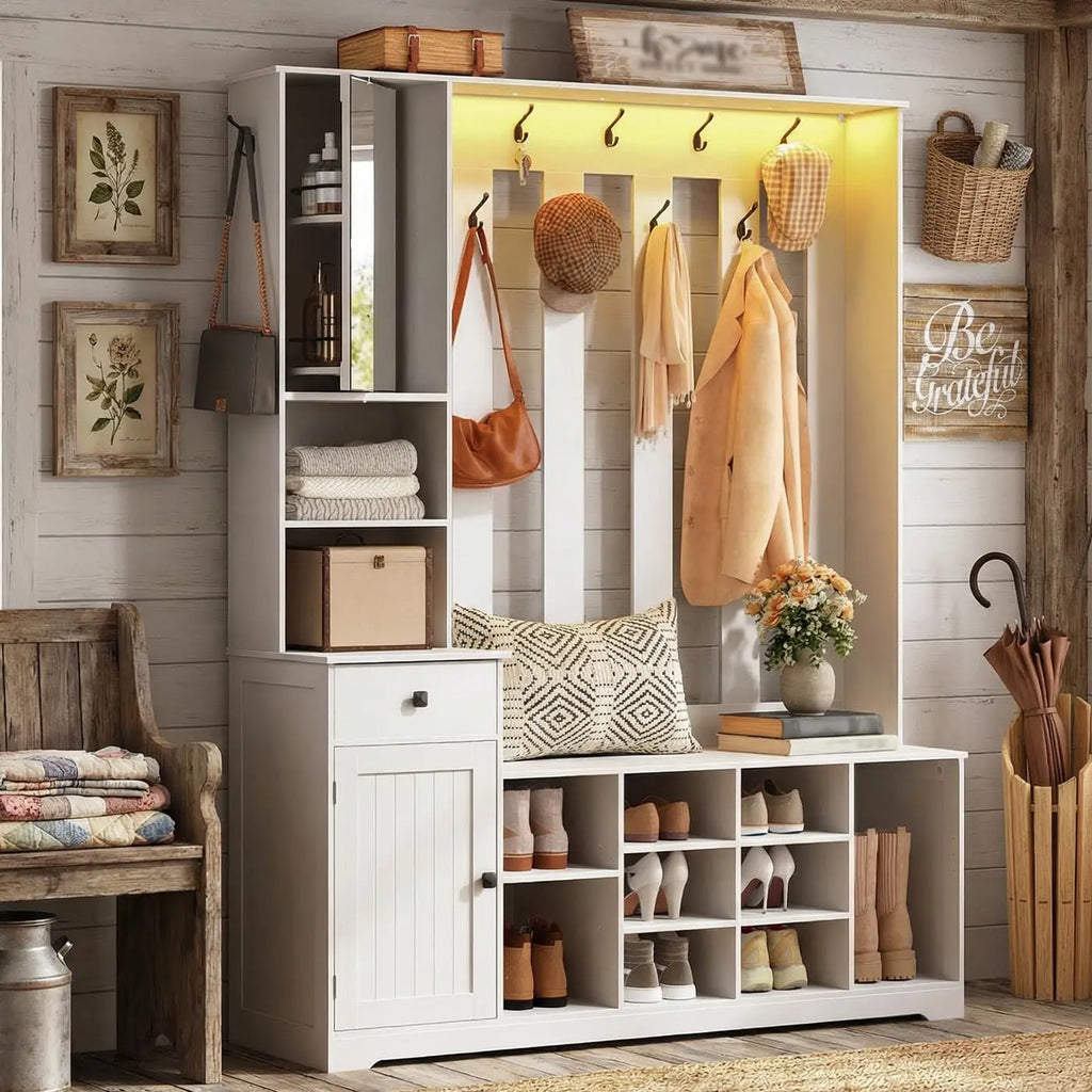 Hall Tree with Bench and Shoe Storage, 59.1" Farmhouse Entryway Bench with Coat Rack and Fabric Drawer, Customized
