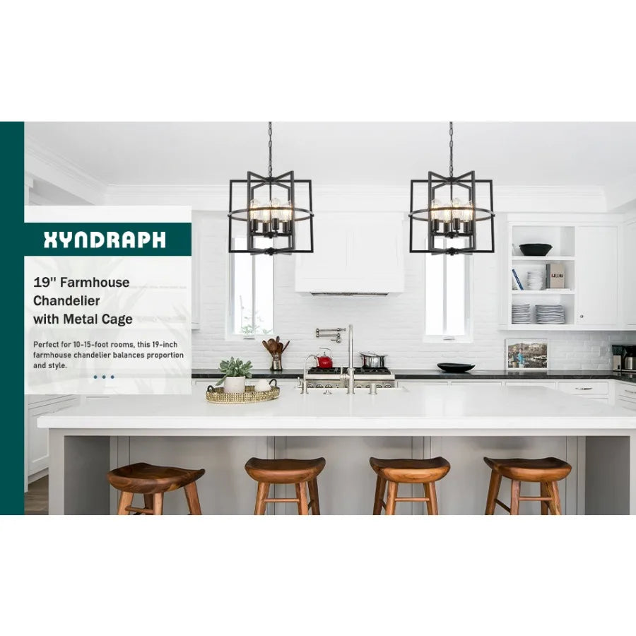 20" Modern Black Double with Fabric Shade,6-Light Pendant Light
