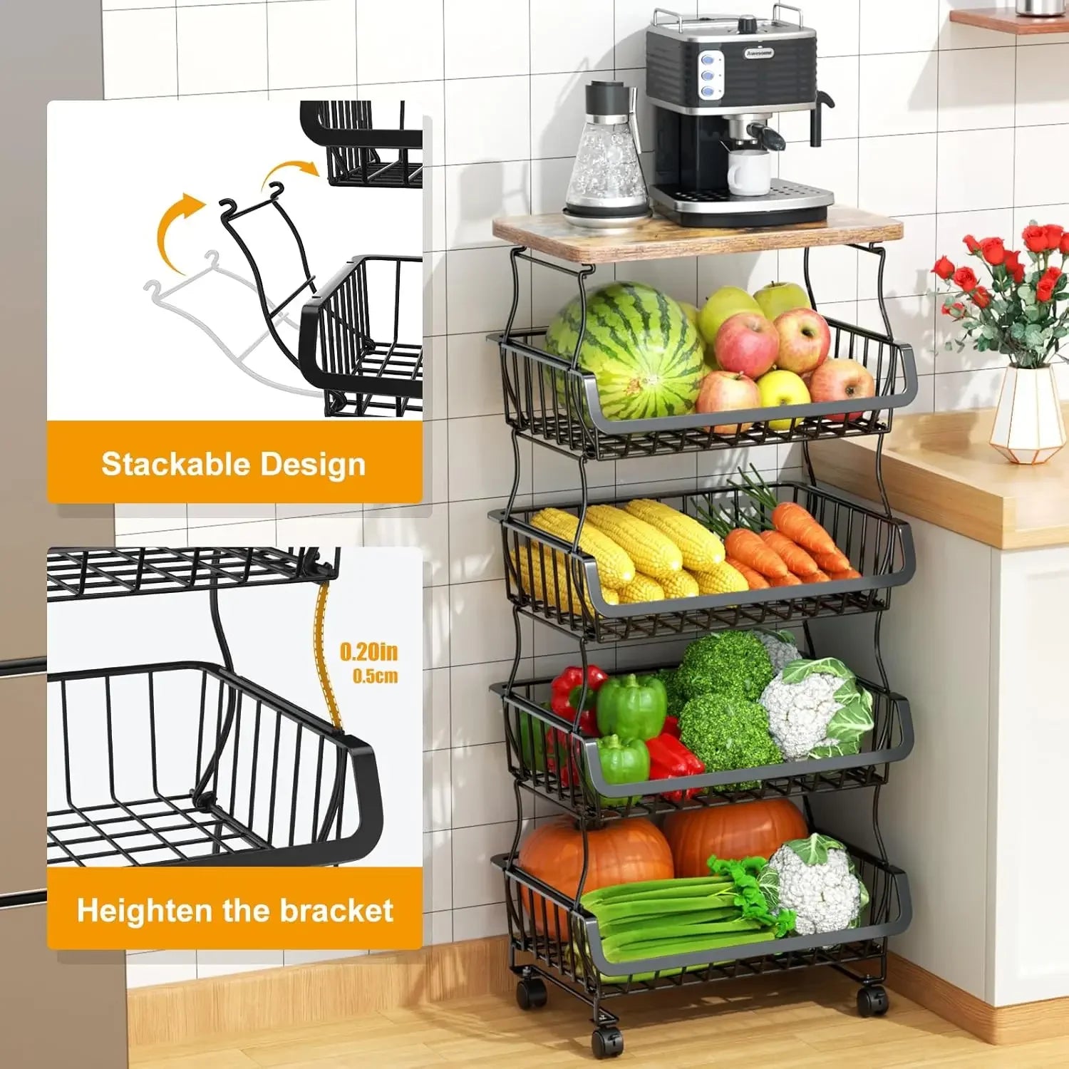 Customizable Fruit Vegetable Basket for Kitchen, 5 Tier Stackable