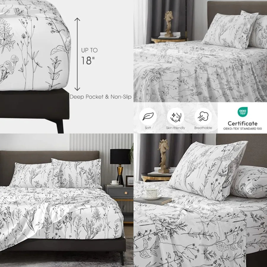 Floral Bed Sheets King Size, 18 Inch Deep Pocket Sheets 1800 Thread Count, Leaf Sheet Set Soft Breathable Cute Aesthetic Sheets