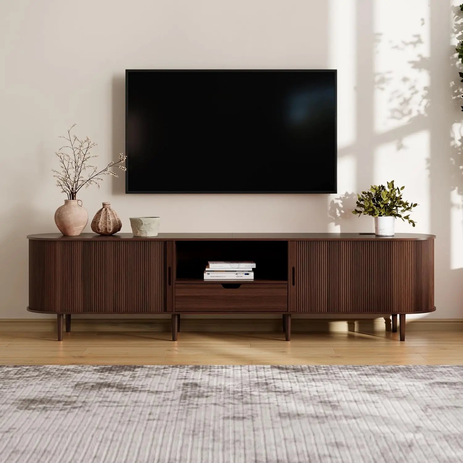 Fluted TV Stand Power Outlet 90" Console 86.6" long
