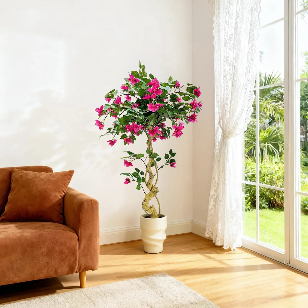 Lifelike Artificial Bougainvillea Tree in White Pot Realistic Silk Foliage