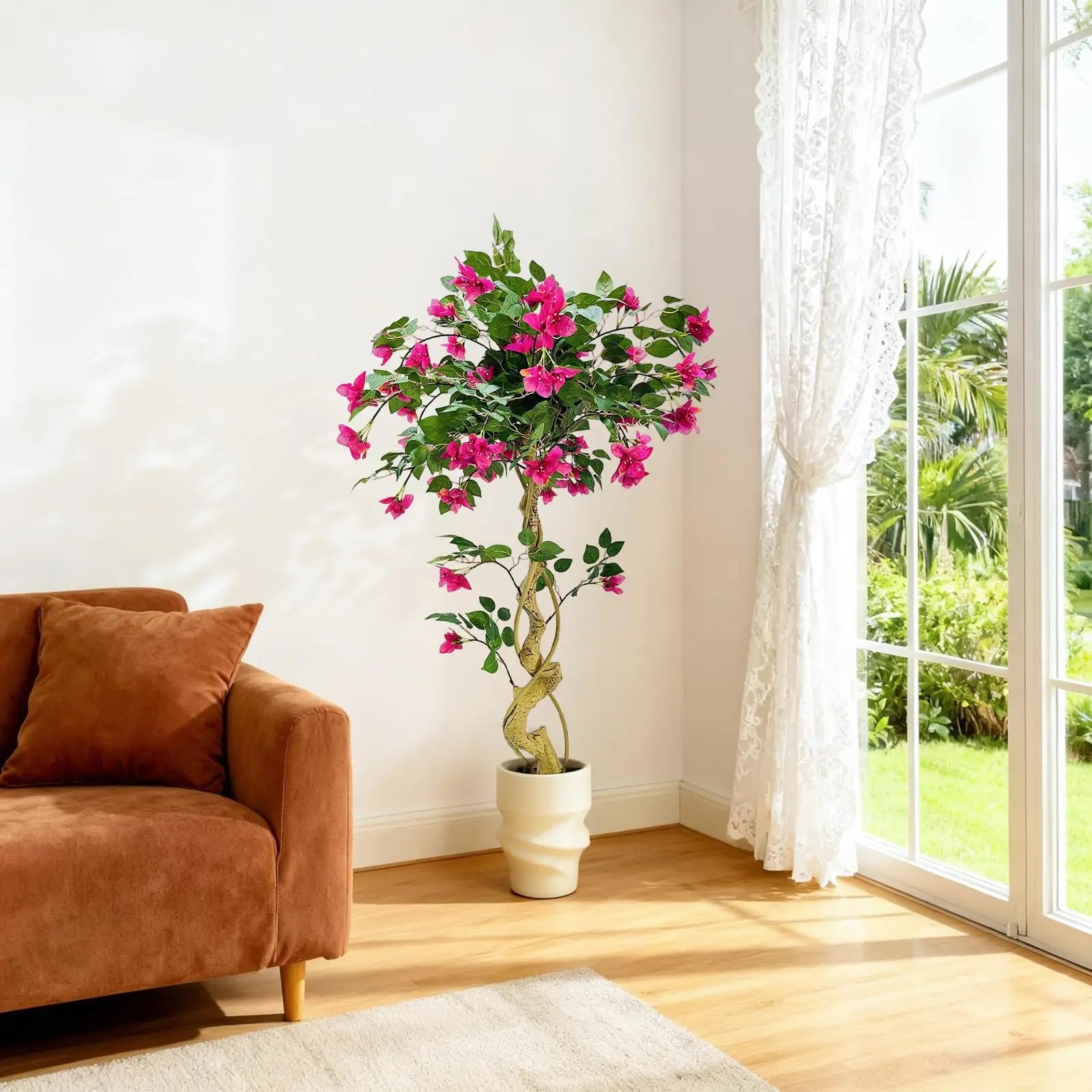 Lifelike Artificial Bougainvillea Tree in White Pot Realistic Silk Foliage