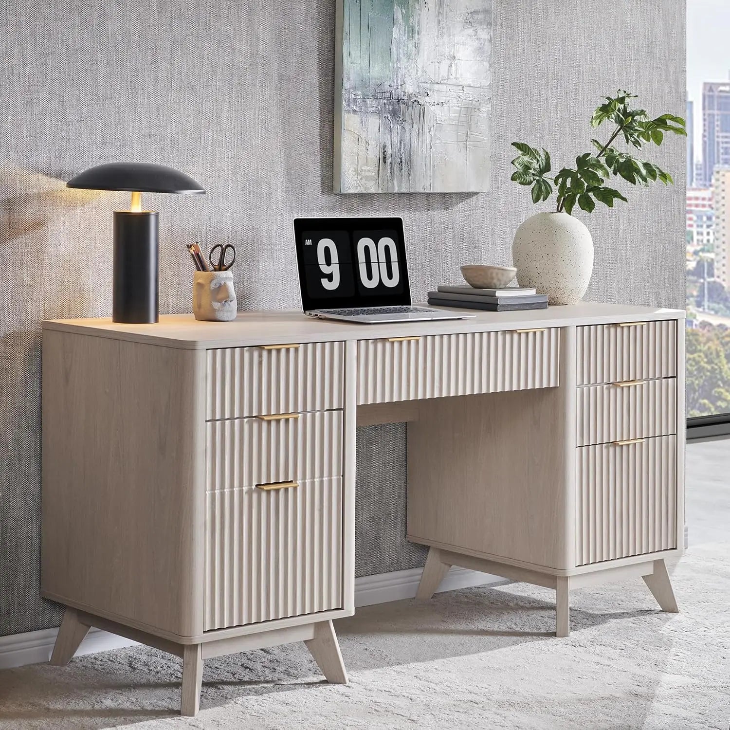 Fluted Executive Desk with Drawers, 60" Modern Home Office Computer Desk