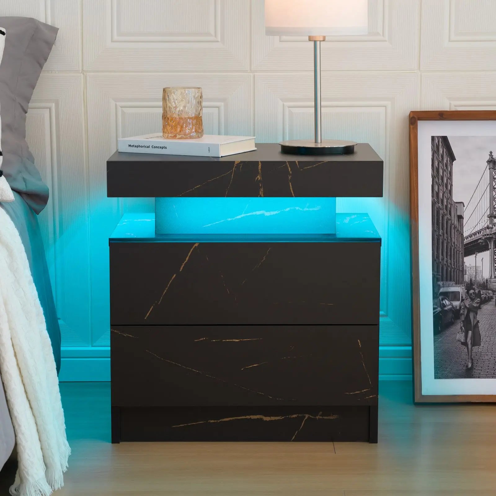 Moroccan Cube Nightstands with 2 Drawers, End Table with RGB LED Lights