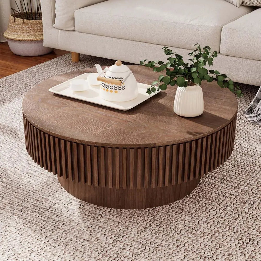 Walnut Round Coffee Table with Storage for Small Spaces: 31.5L × 31.5W × 14H