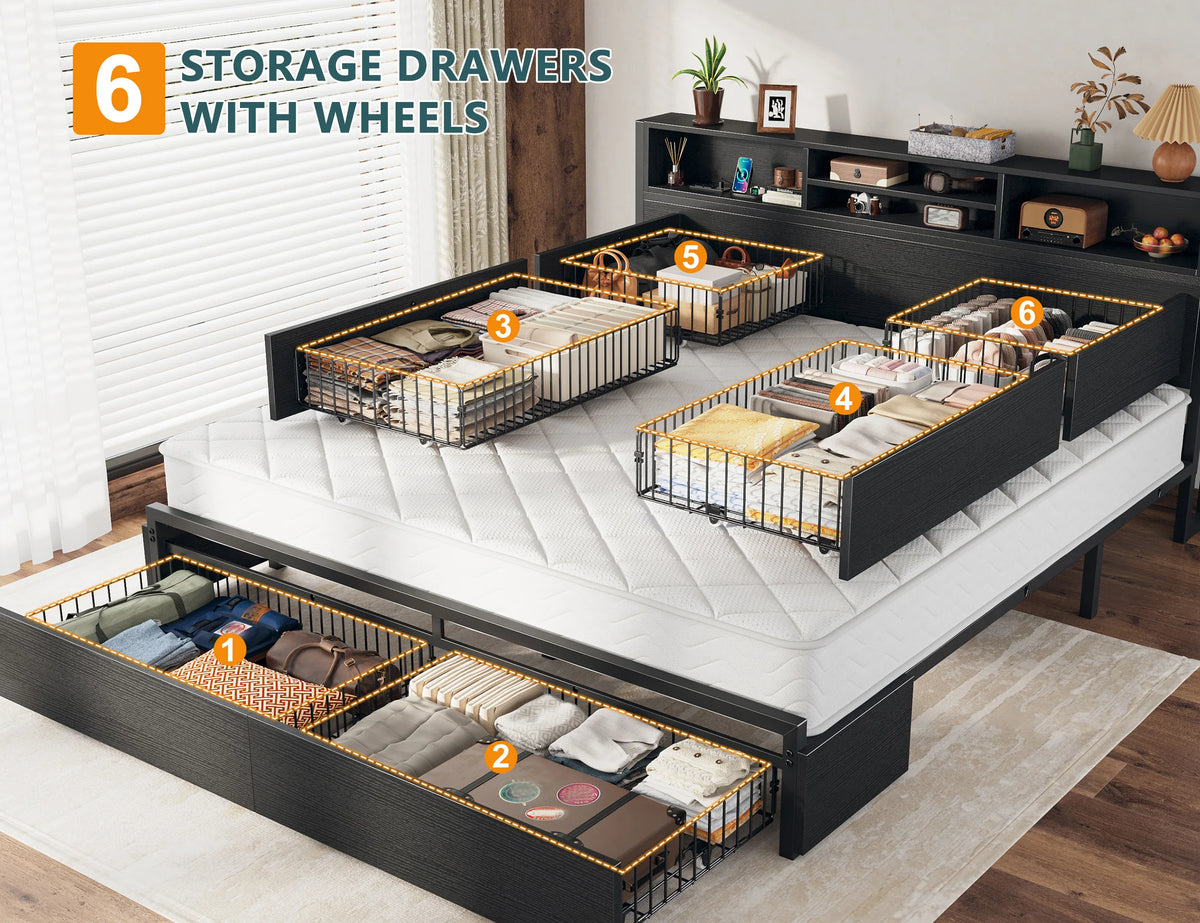 Storage Galore !!! Metal Platform Bed Frame with Bookcase Headboard