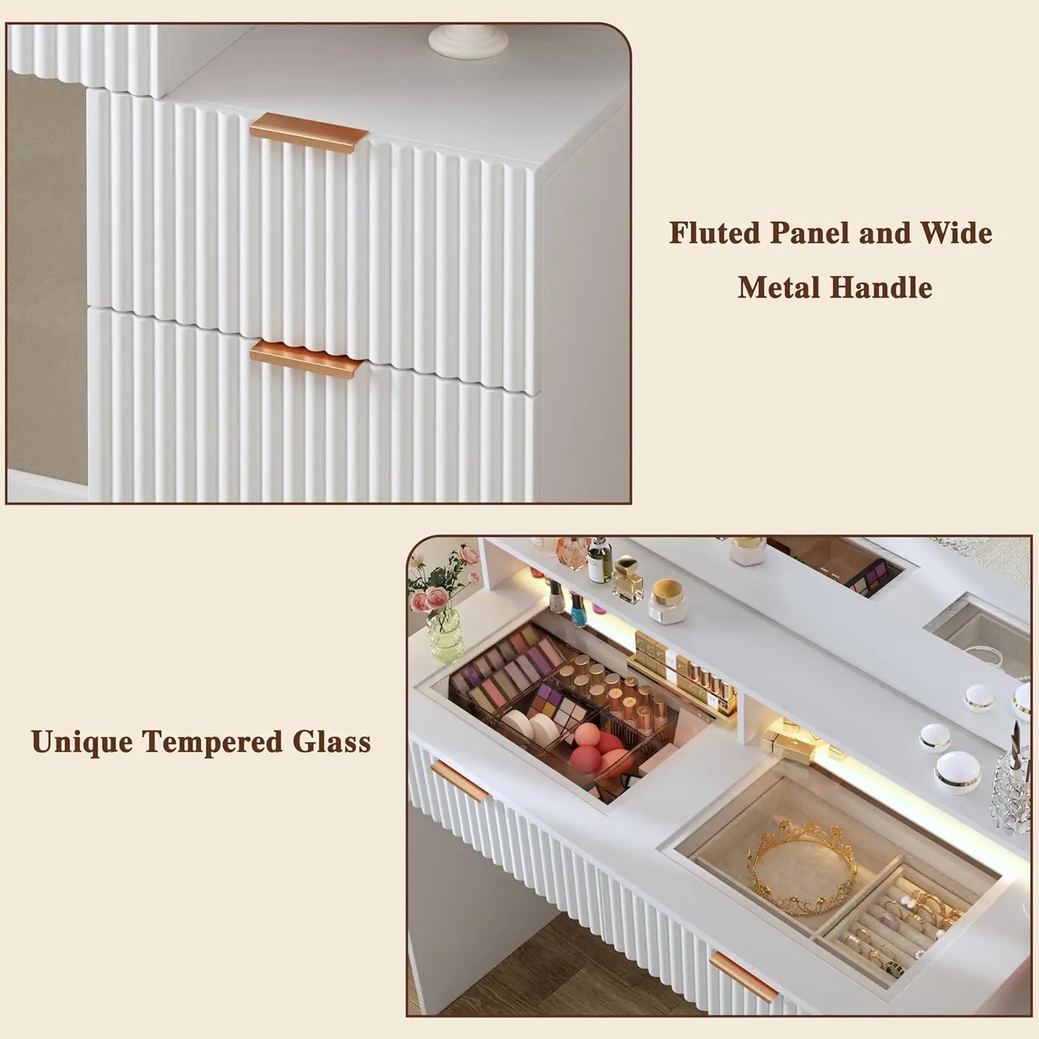 White Fluted Makeup Vanity with Lighted Mirror, Glass Top, 5 Drawers & Built-in Power Outlet
