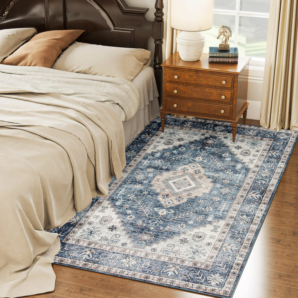 Relaxing Boho Pattern 4'x6' Vintage Oriental Medallion Distressed Rugs, Blue