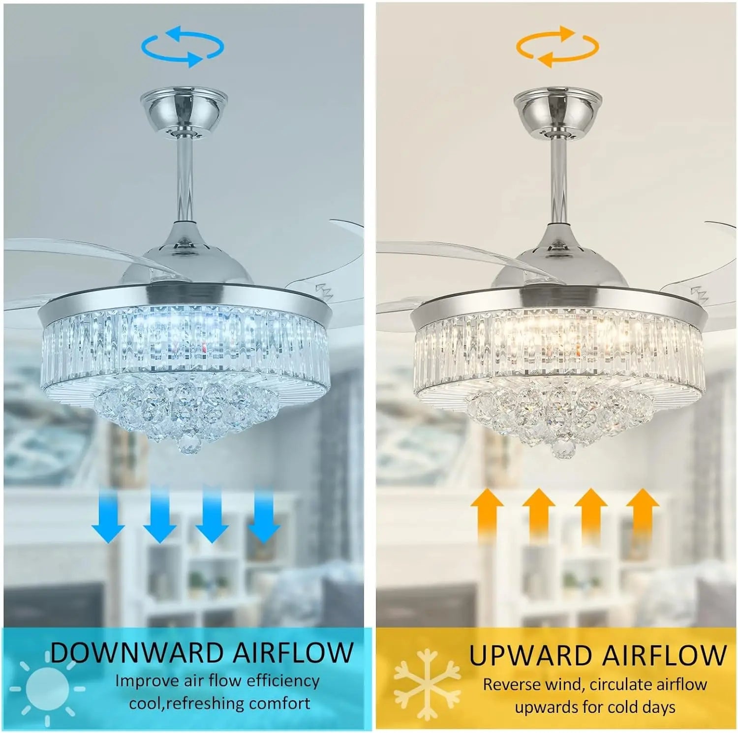 42" Crystal Ceiling Fan with Light, Silvery Chandelier with Remote, 6 Speeds 3 Colors Changes
