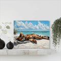 A coastal cat canvas wall art, a cat napping on the beach, wood-framed Marine theme.