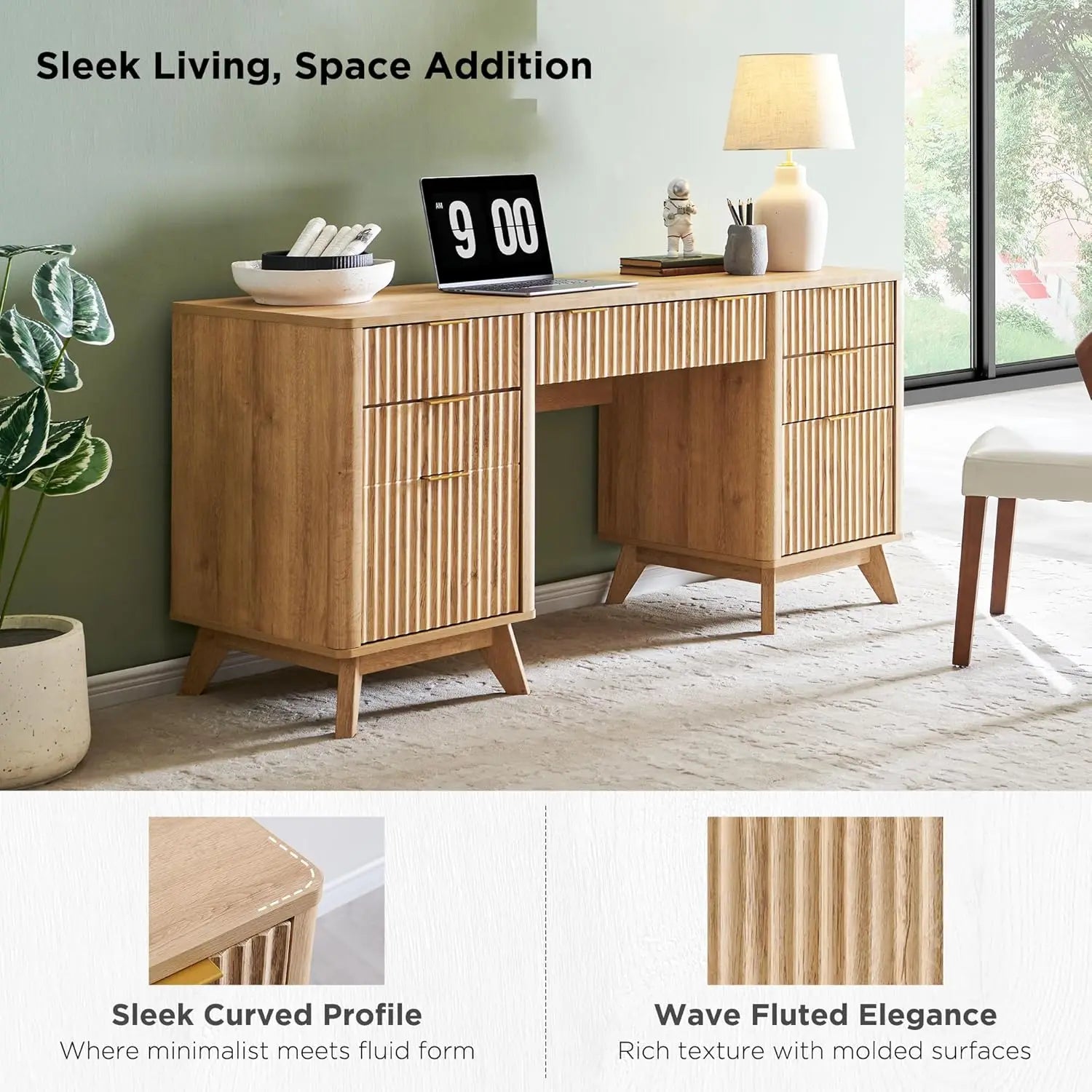 Fluted Executive Desk with Drawers, 60" Modern Home Office Computer Desk