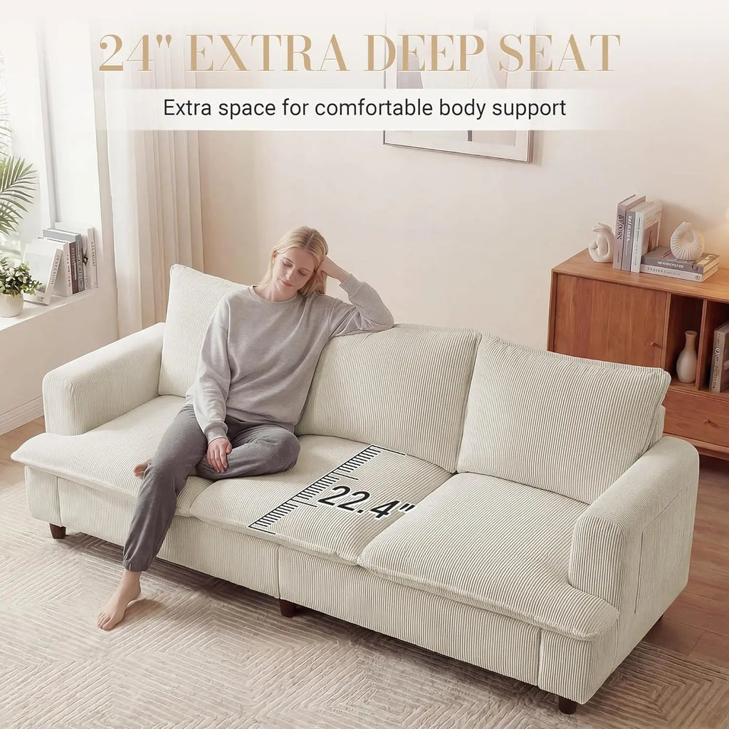 3 Seater Couch, 83" Comfy Corduroy Sofa with Deep Seat, White or Grey