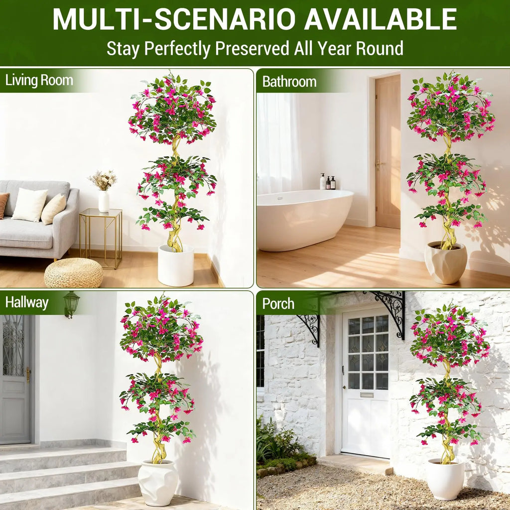 Lifelike Artificial Bougainvillea Tree in White Pot Realistic Silk Foliage