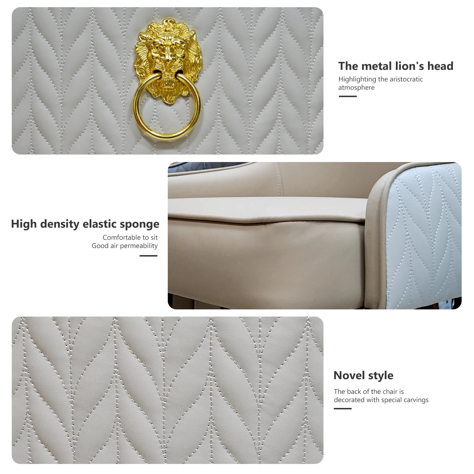 Modern PU Leather Set of 2 Dining Chairs with Metal Legs Lion Head Pull Ring
