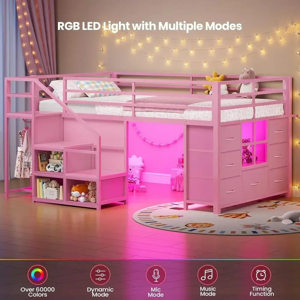 Twin Size Pink Kids Loft Bed with Stairs, LED Lights, and Play Area
