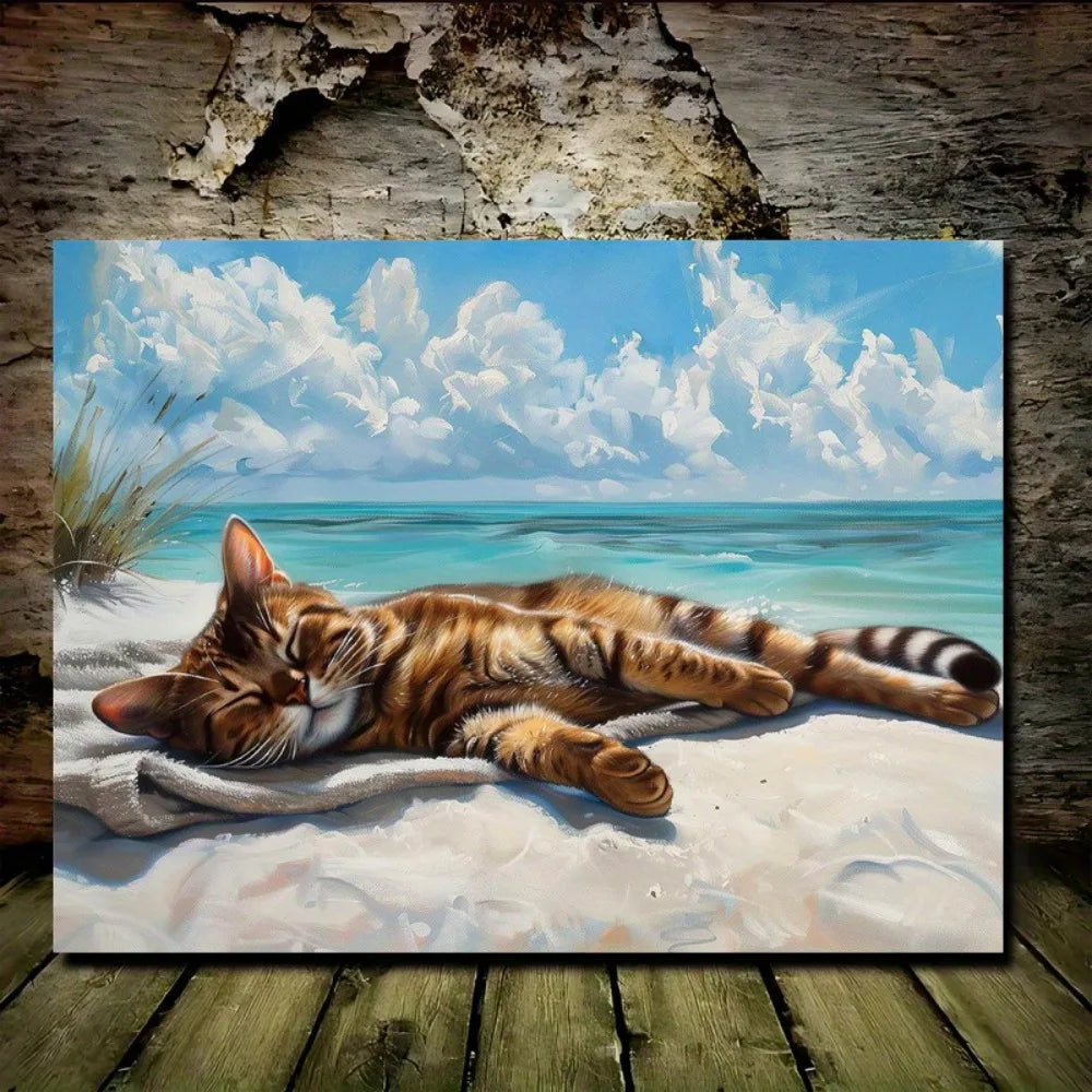A coastal cat canvas wall art, a cat napping on the beach, wood-framed Marine theme.