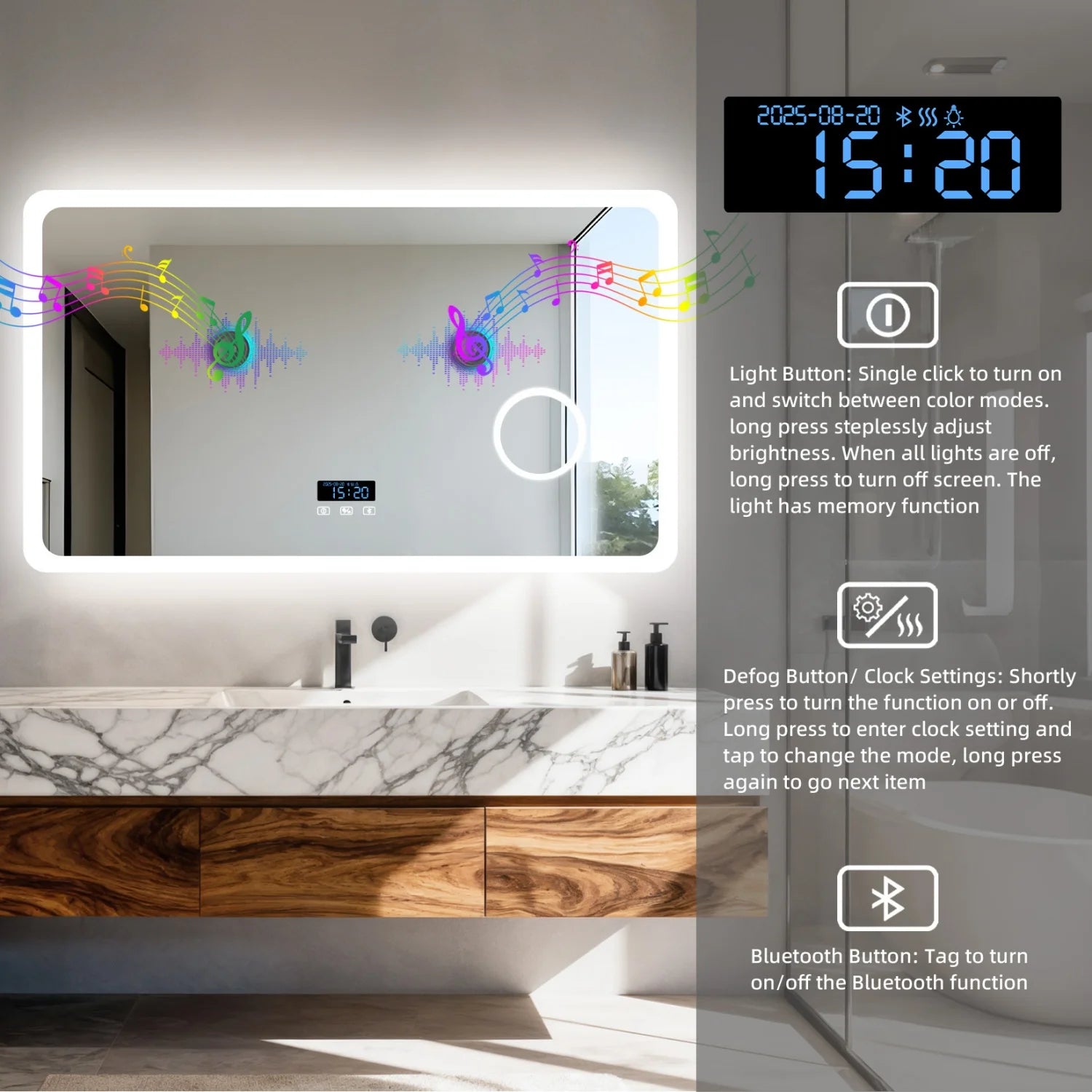 LED Bathroom Mirror with Bluetooth Dimmable Backlit Vanity Mirror with 3X Magnifier and Screen Display
