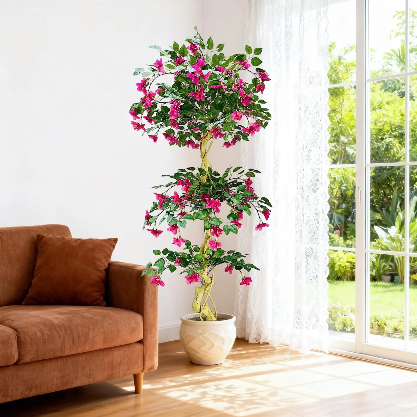 Lifelike Artificial Bougainvillea Tree in White Pot Realistic Silk Foliage