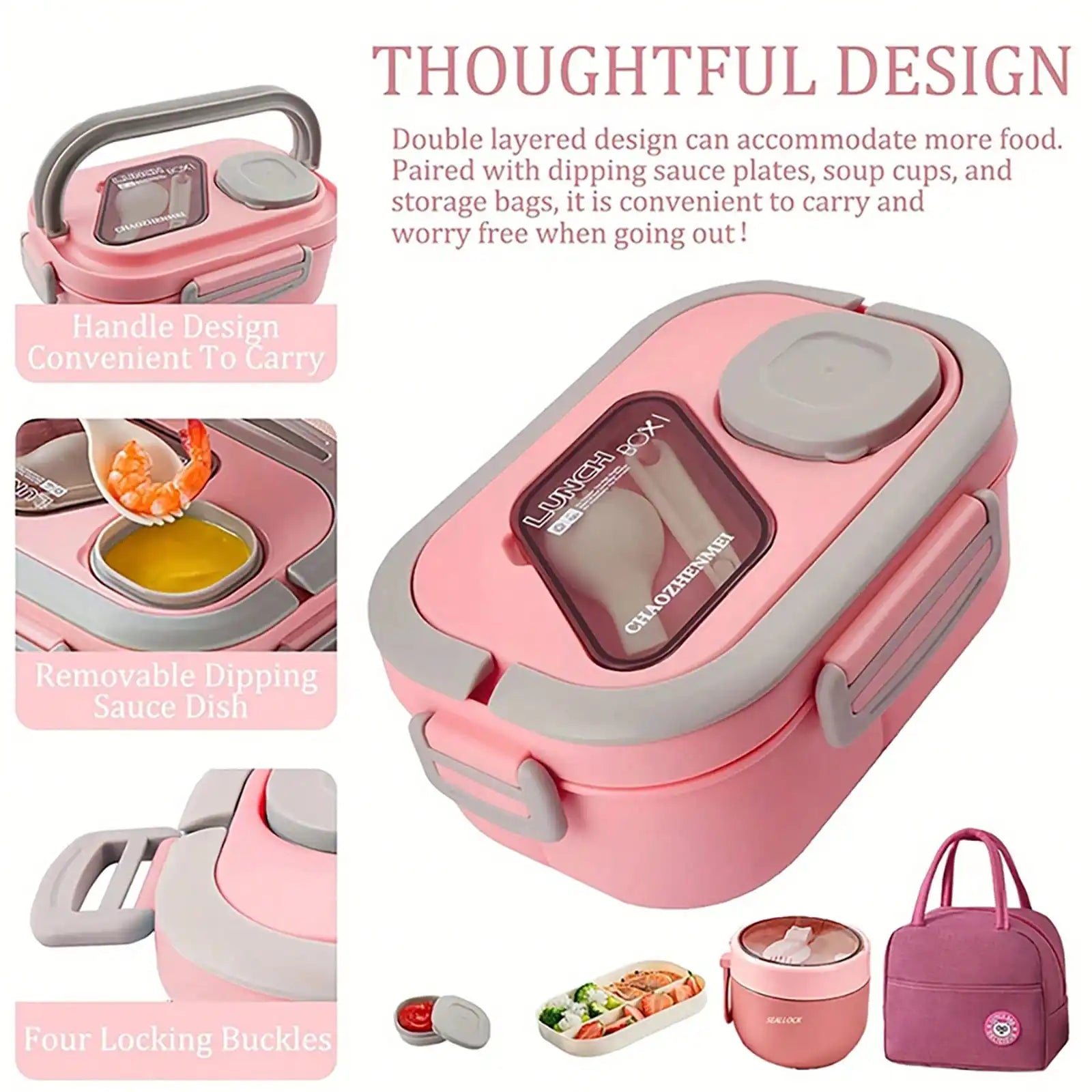 2-Layer Multi-Compartment Lunch Box Set: Lunch Box + Cup + Bag.
