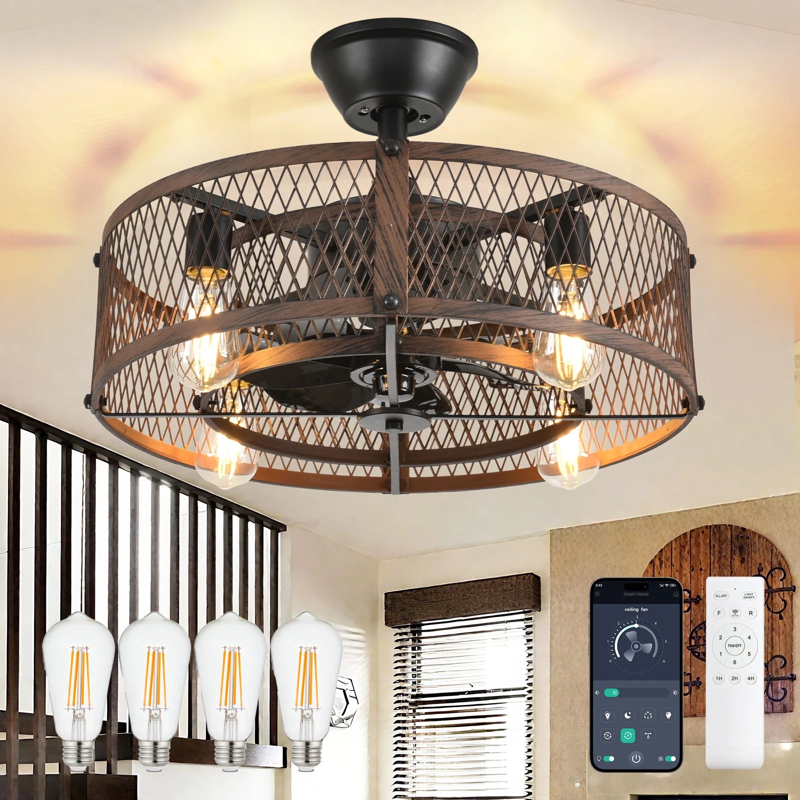 Caged Ceiling Fan with Light: 20/26" Farmhouse Fandelier Ceiling Fan with Remote for Low Profile Indoor Bedroon Kitchen Living