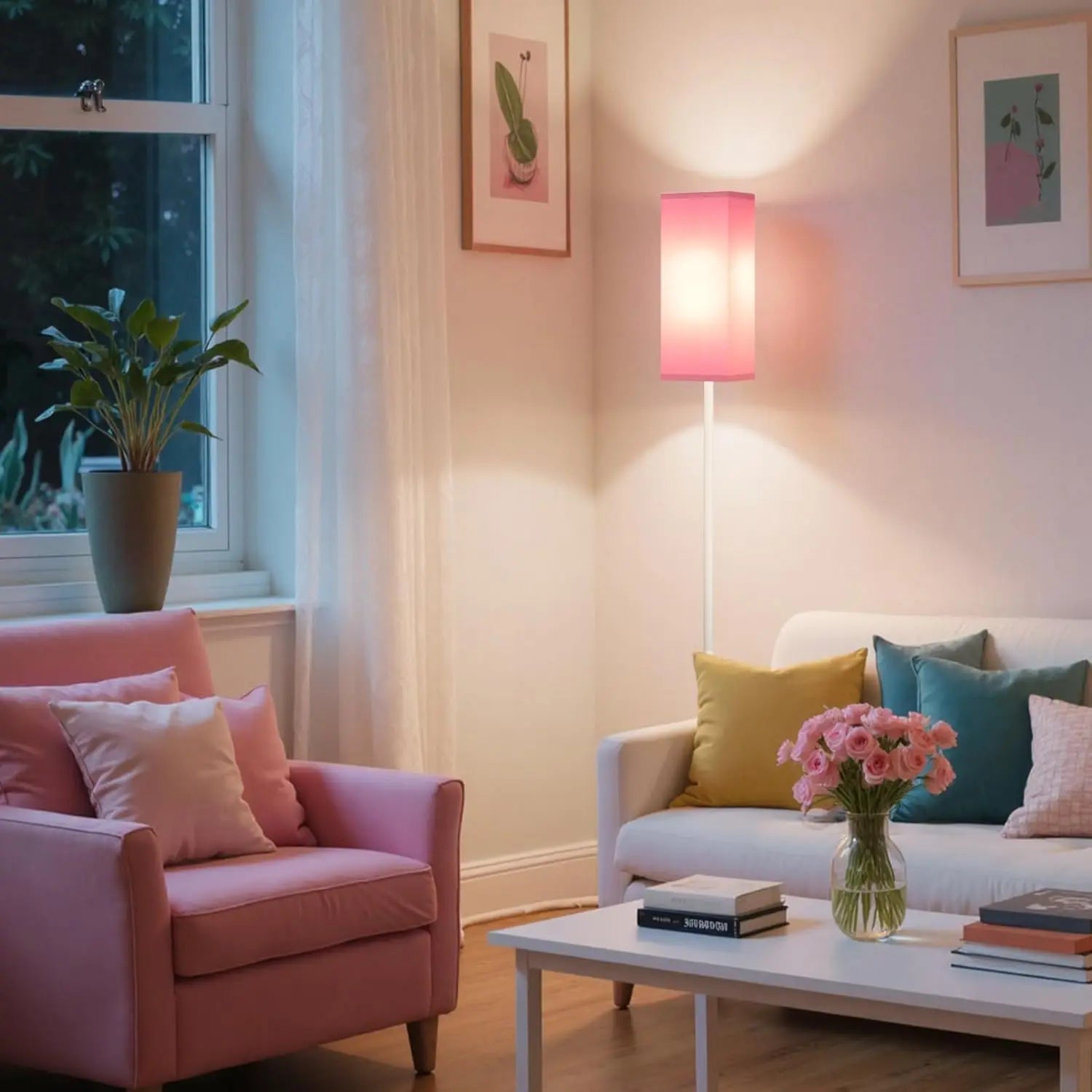 Modern Floor Lamp with Foot Switch, 64.6" Tall, White & Pink