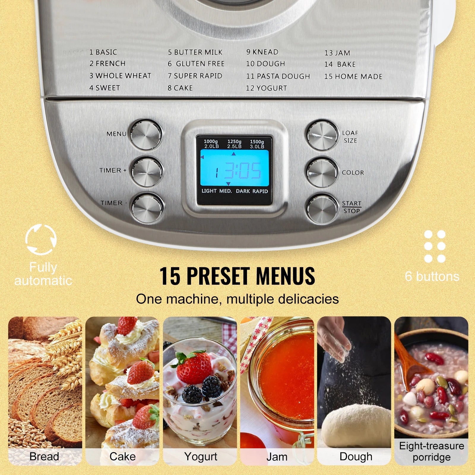 2/3 LB Bread Maker 15-in-1 Dough Machine Nonstick