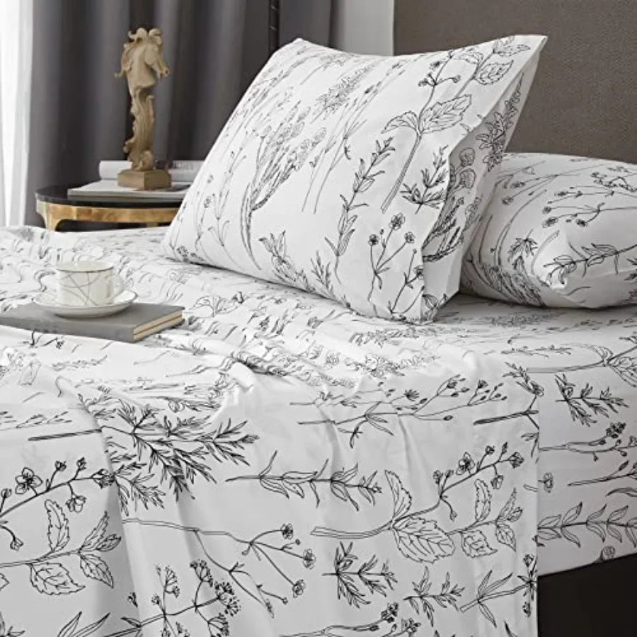 Floral Bed Sheets King Size, 18 Inch Deep Pocket Sheets 1800 Thread Count, Leaf Sheet Set Soft Breathable Cute Aesthetic Sheets