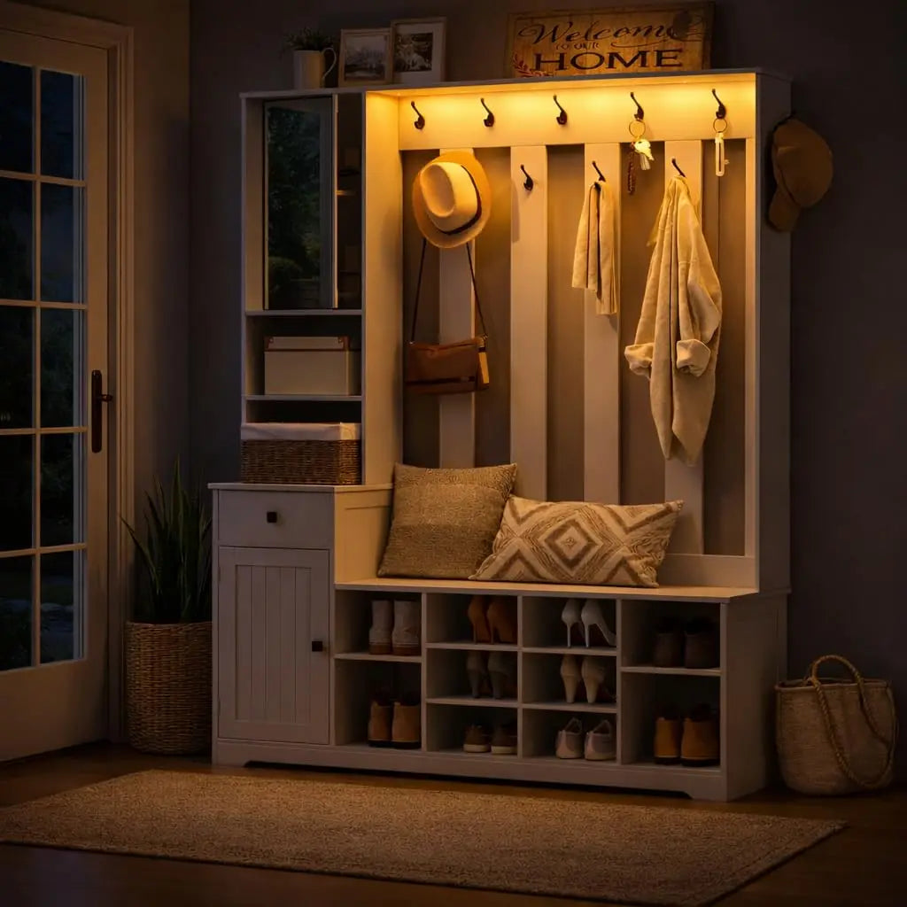 Hall Tree with Bench and Shoe Storage, 59.1" Farmhouse Entryway Bench with Coat Rack and Fabric Drawer, Customized