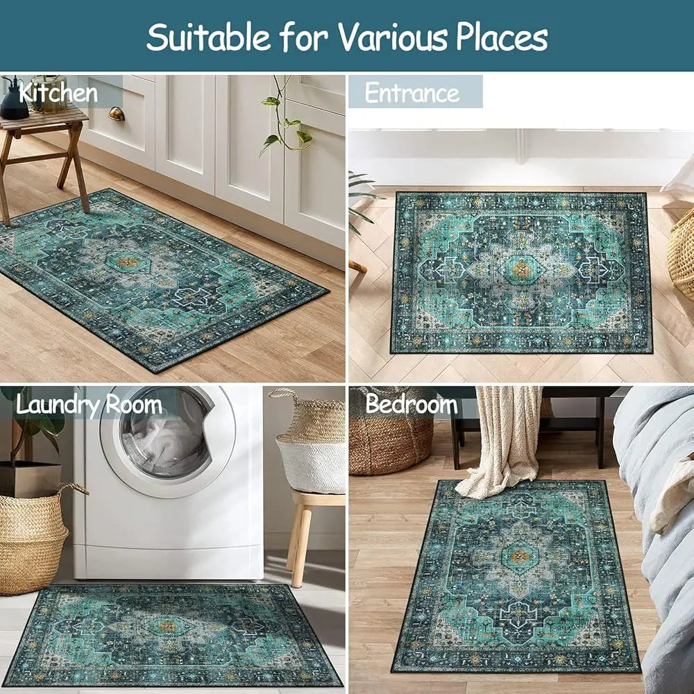 Ultra-Thin Washable Area Rug - 2X3 Teal Small Entryway Rug Front