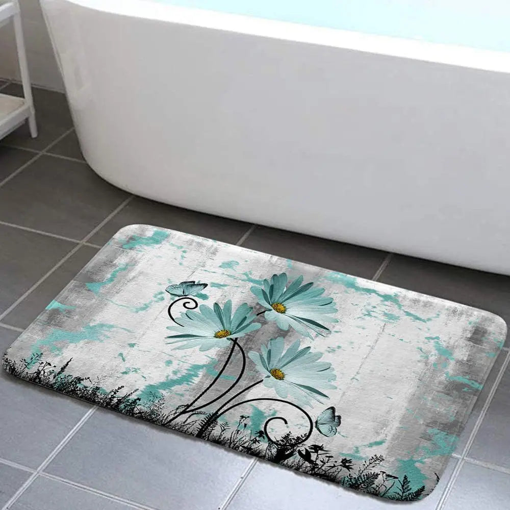 Rustic Armhouse Bath Rug, Teal Grey Daisy Floral Country Wooden Bath Mat