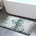Rustic Armhouse Bath Rug, Teal Grey Daisy Floral Country Wooden Bath Mat