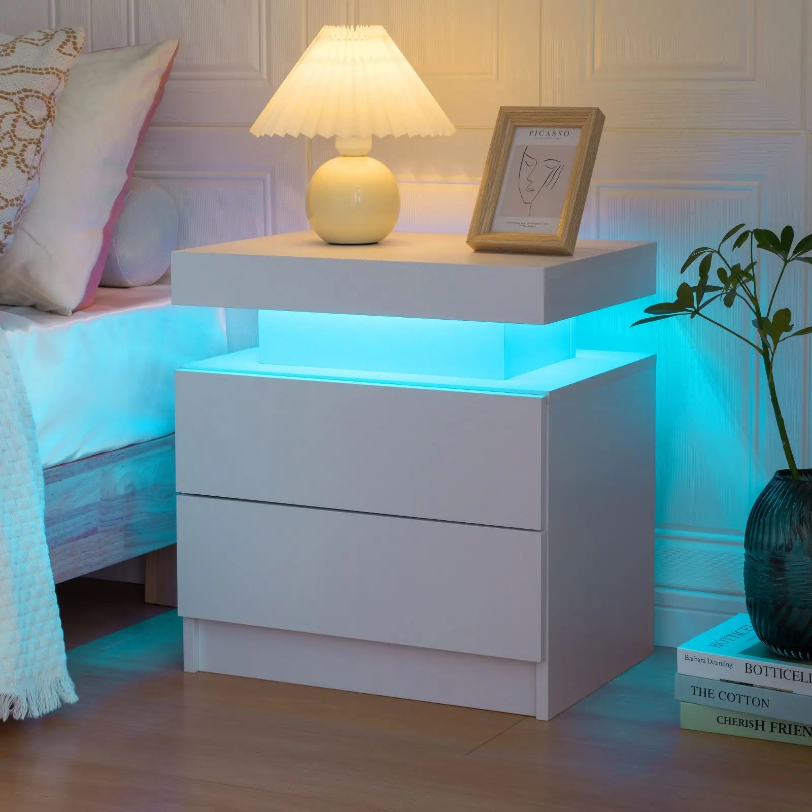 Moroccan Cube Nightstands with 2 Drawers, End Table with RGB LED Lights