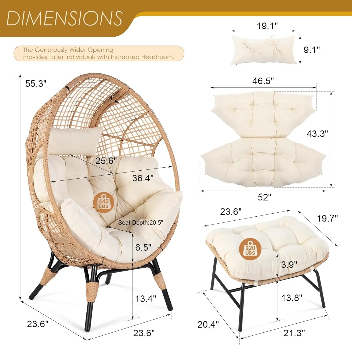 Indoor Outdoor Egg Chair with Ottoman Thick Cushioned Lounge w/Footrest