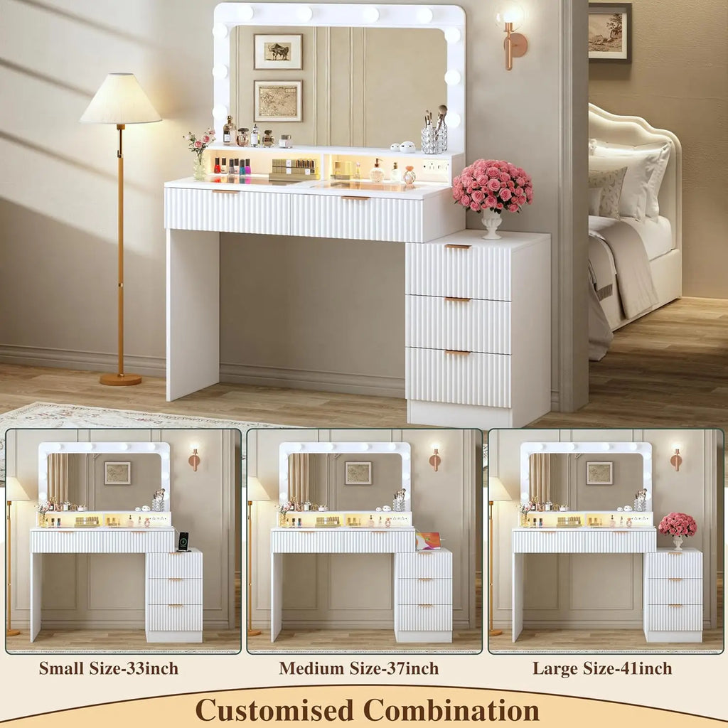 White Fluted Makeup Vanity with Lighted Mirror, Glass Top, 5 Drawers & Built-in Power Outlet