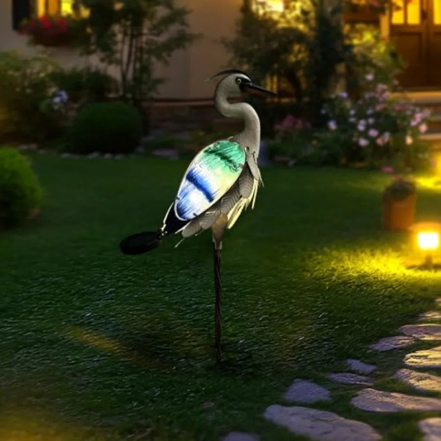 Solar Metal Crane or Pelican Statue Garden Heron Sculpture Yard Art