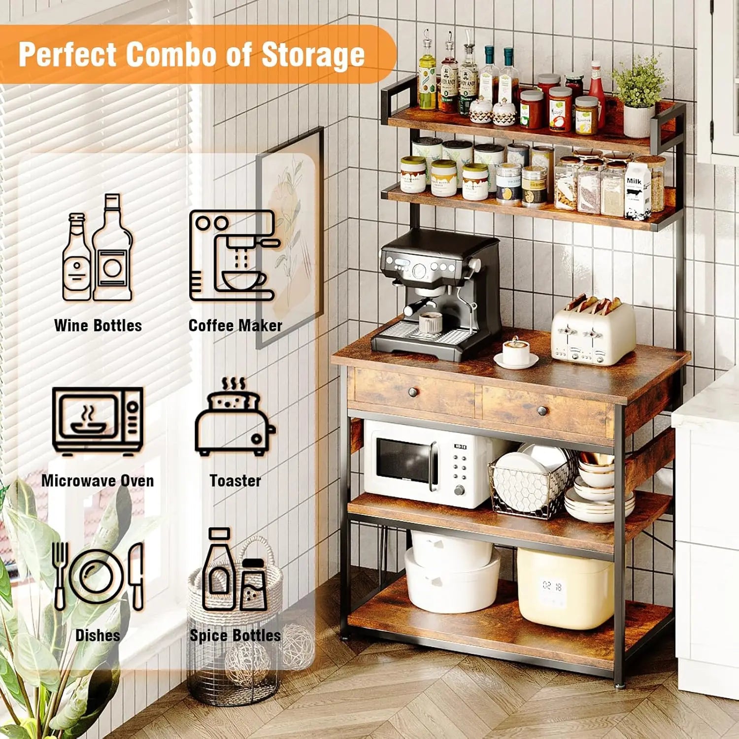 Bakers Rack with Power Outlets, Kitchen Stand Coffee Bar Table with Storage