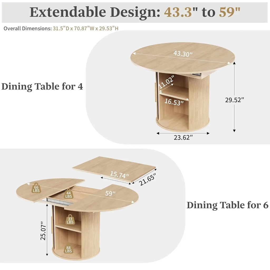 Round-to-Oval Dining Table Hidden Storage and Extendable