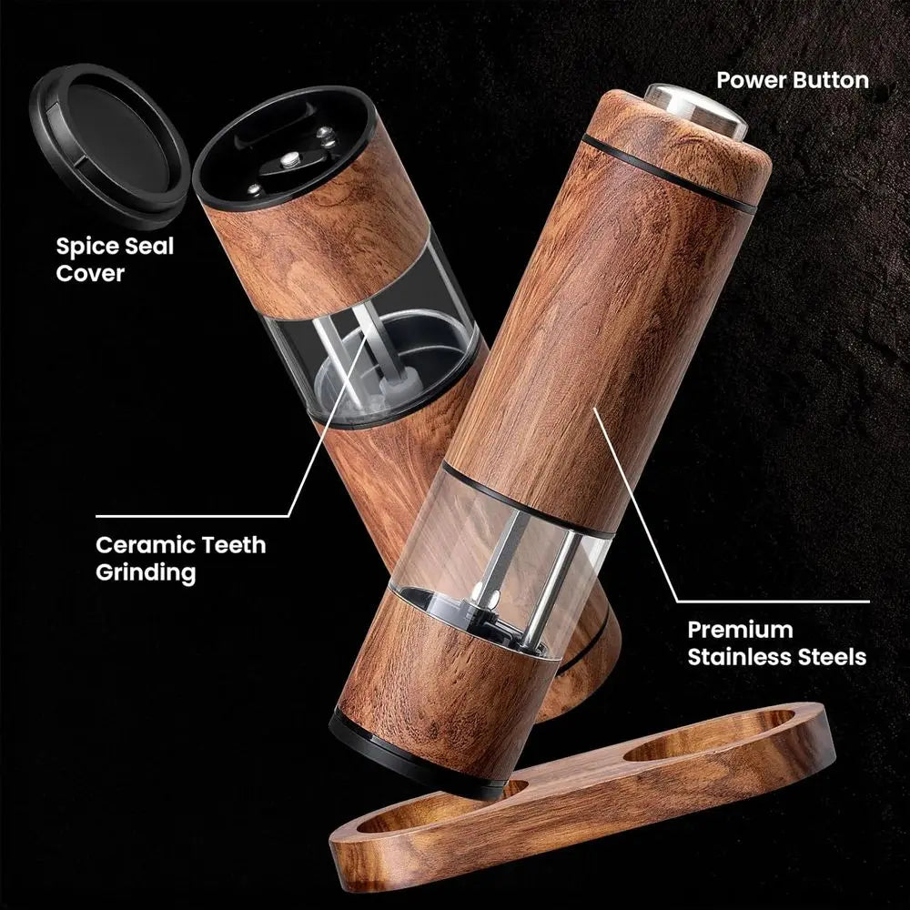 Automatic Salt and Pepper Grinder Set with Wood Base,