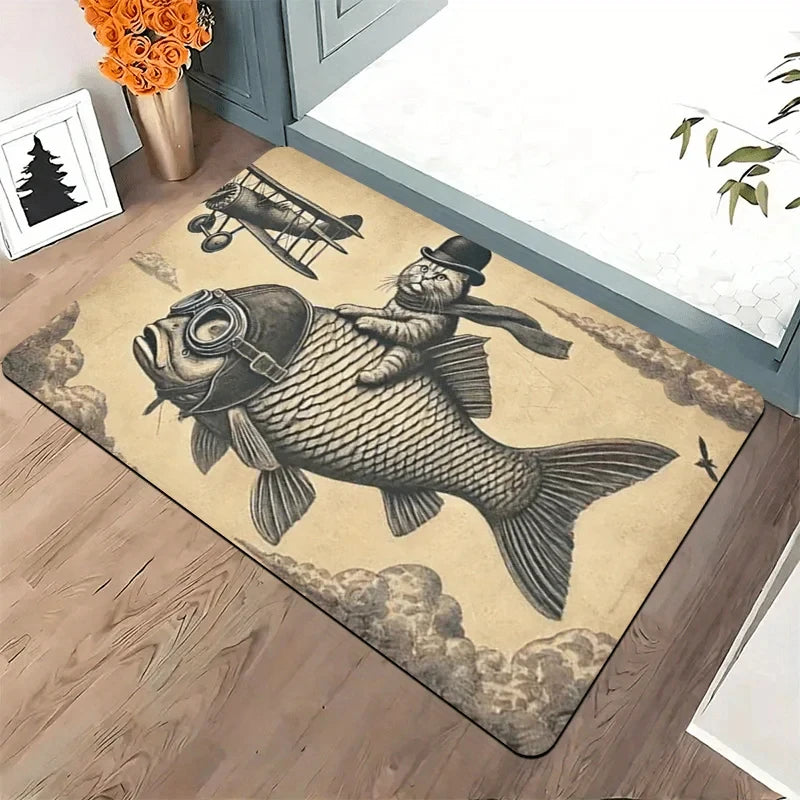 Vintage Abstract Retro Fish Cat Print Door Mat, Non Slip 