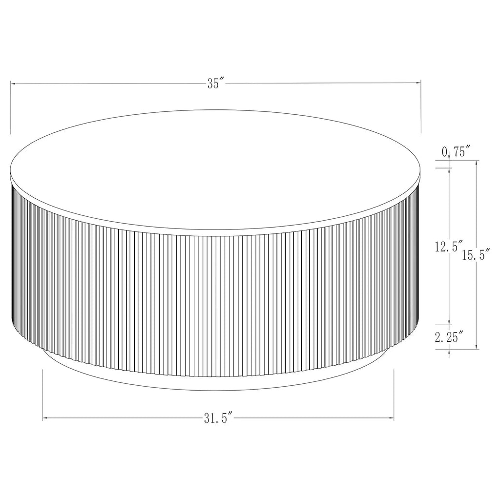 Modern Coffee Table with Reeded Drum Base, Gold Ring Accent