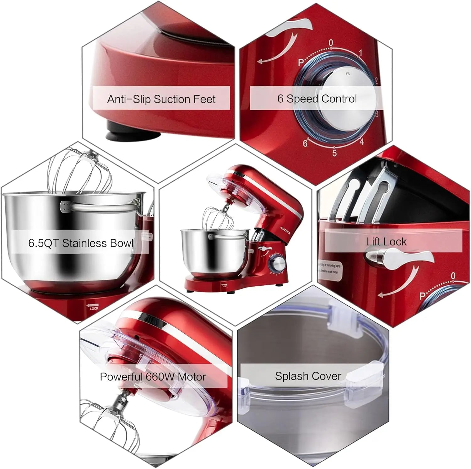 Stand Mixer 6.5QT 660W 6-Speed Kitchen Electric Food Mixer